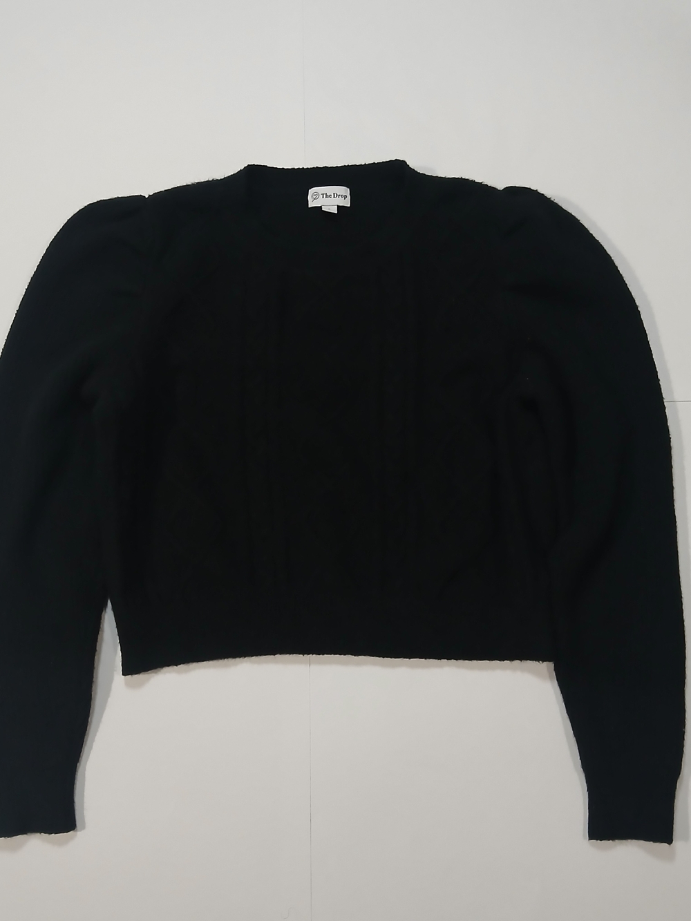 The Drop Black Cable-Knit Puff-Sleeve Sweater